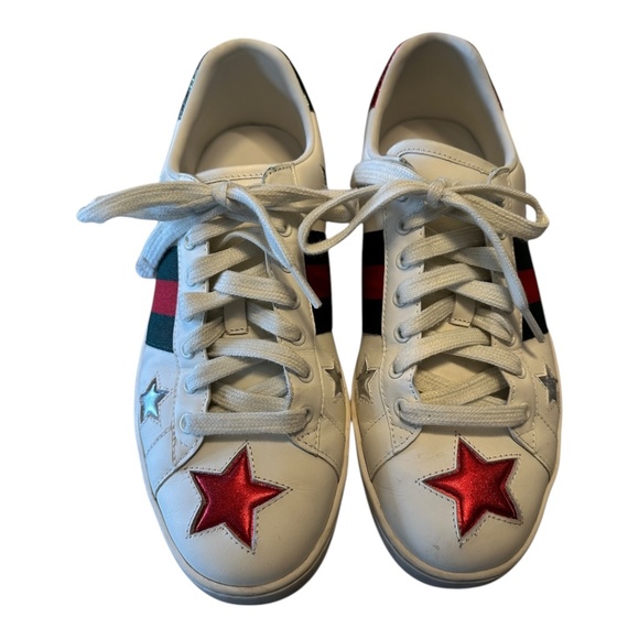 Gucci Ace Star Sneakers – White & Metallic Red/Green Leather – Size 44 EU (US 11 - Picture 2 of 6